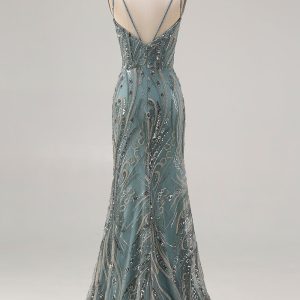 Sparkly Grey Green Beaded Mermaid Maxi Prom Dress - Image 6