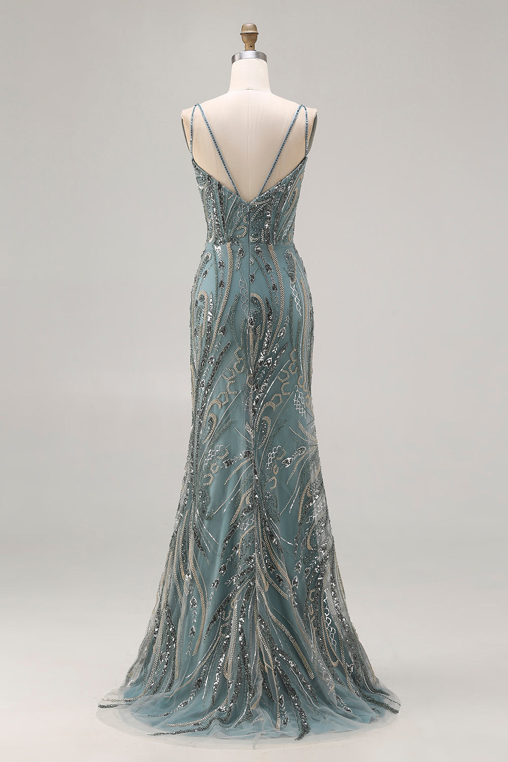 Sparkly Grey Green Beaded Mermaid Maxi Prom Dress - Image 6