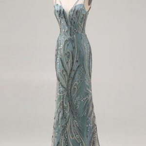 Sparkly Grey Green Beaded Spaghetti Straps Mermaid Prom Dress - Image 5