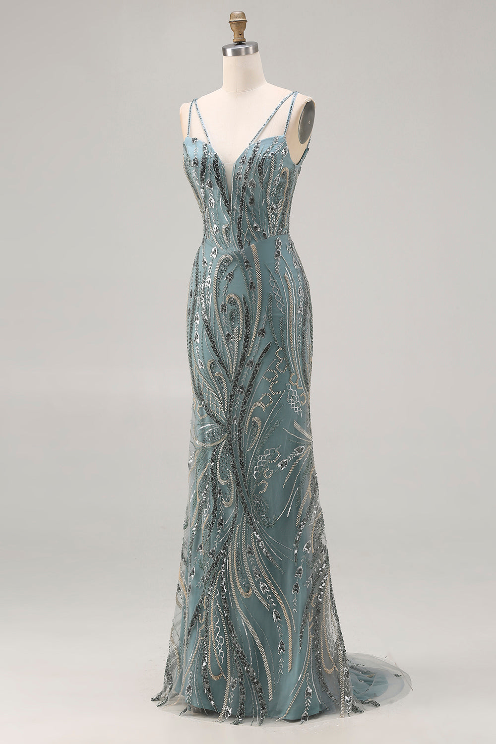 Sparkly Grey Green Beaded Spaghetti Straps Mermaid Prom Dress - Image 5