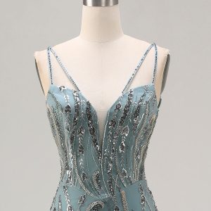 Sparkly Grey Green Beaded Spaghetti Straps Mermaid Prom Dress - Image 6