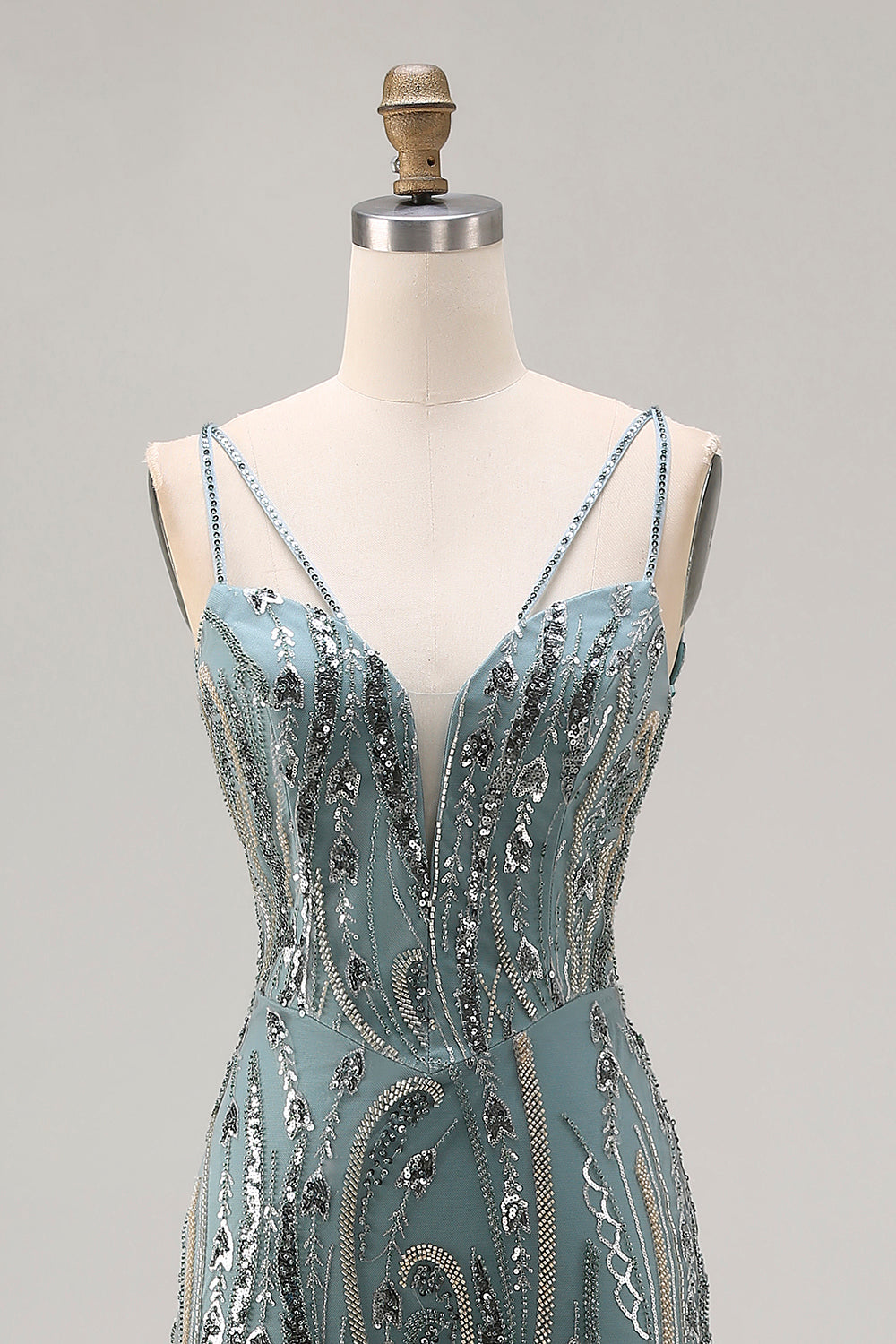 Sparkly Grey Green Beaded Spaghetti Straps Mermaid Prom Dress - Image 6