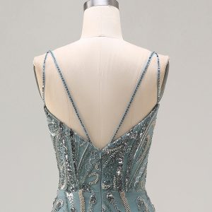Sparkly Grey Green Beaded Spaghetti Straps Mermaid Prom Dress - Image 7