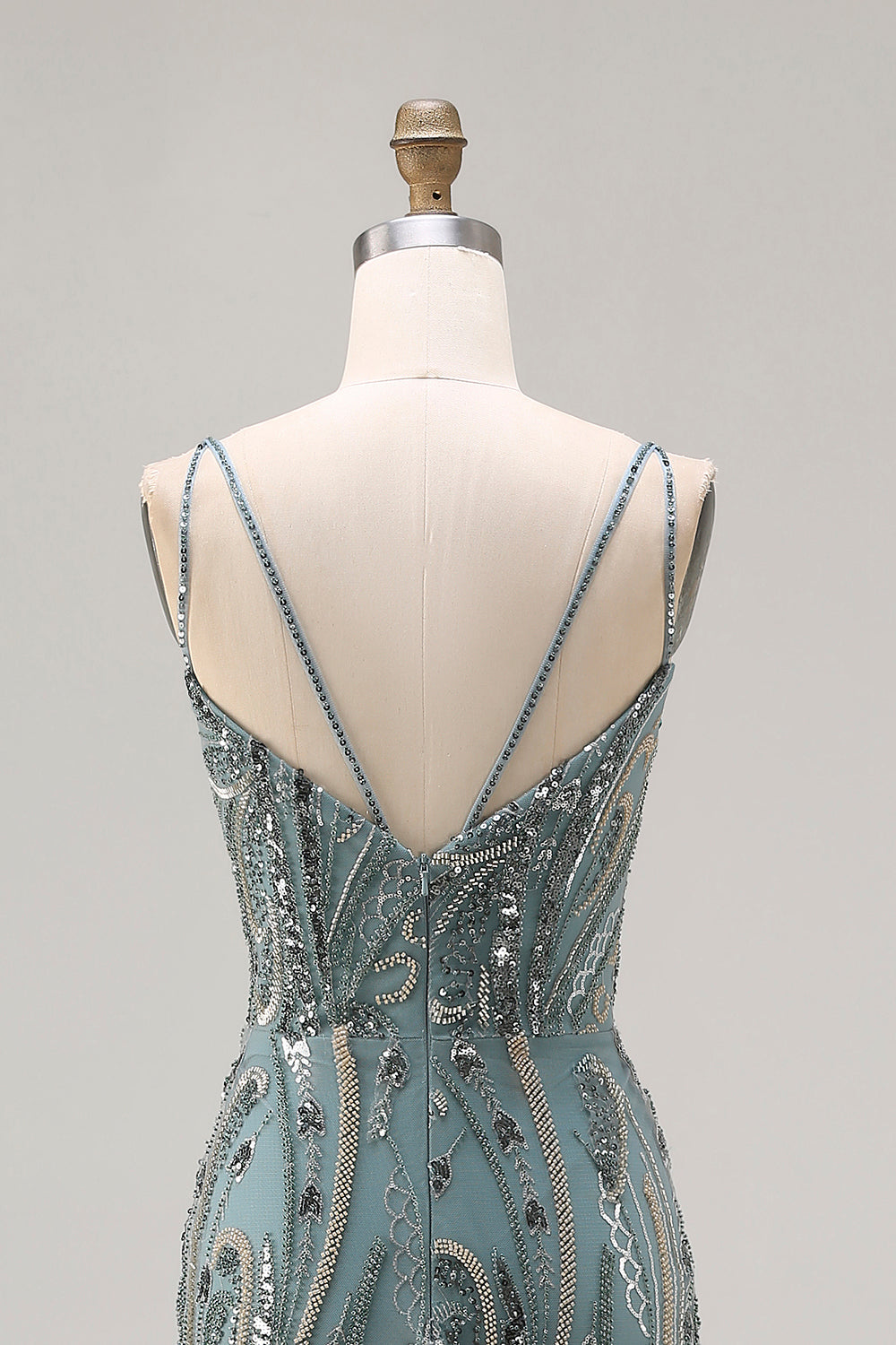 Sparkly Grey Green Beaded Spaghetti Straps Mermaid Prom Dress - Image 7