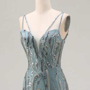 Sparkly Grey Green Beaded Spaghetti Straps Mermaid Prom Dress - Image 8