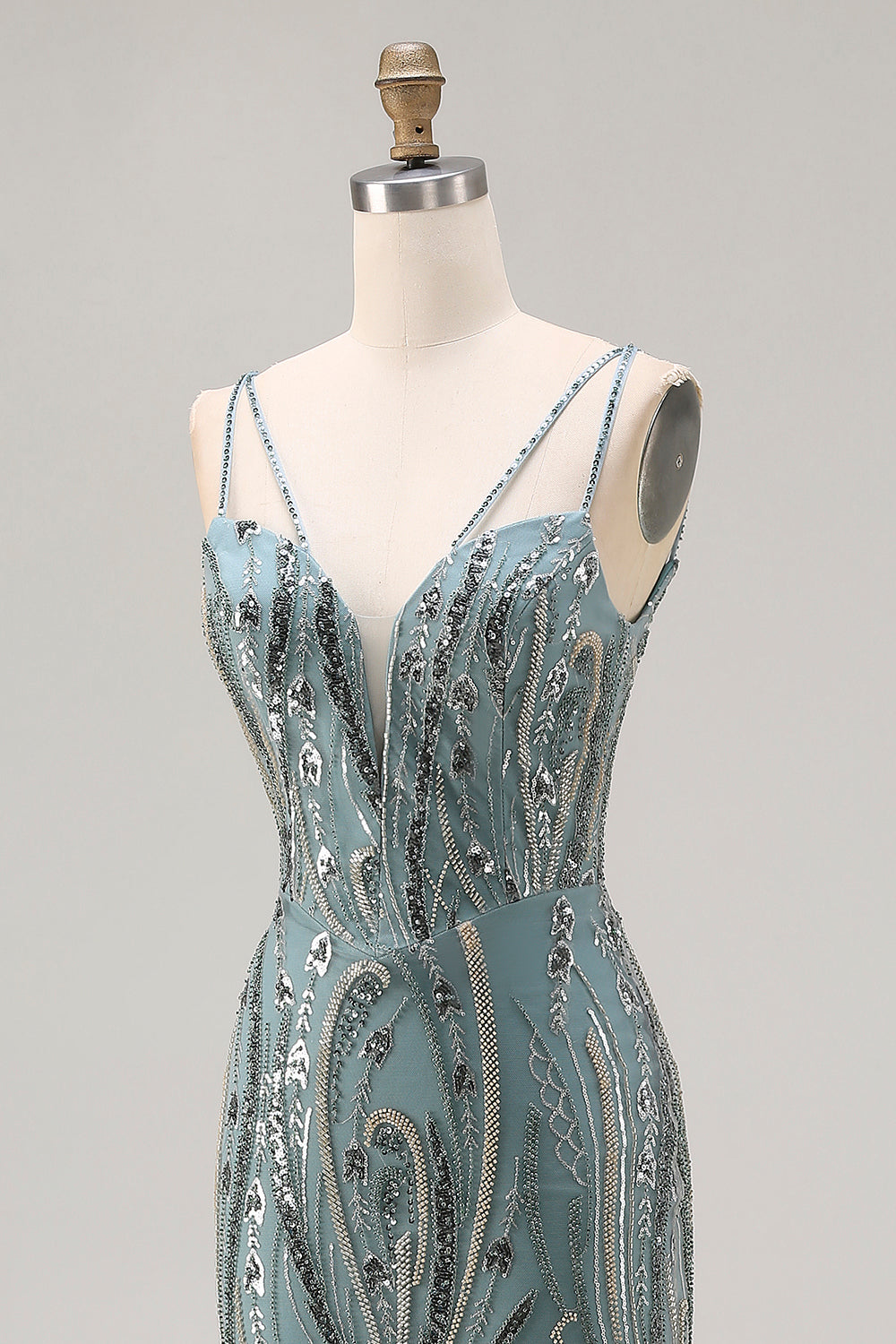 Sparkly Grey Green Beaded Spaghetti Straps Mermaid Prom Dress - Image 8