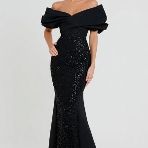 Sparkly Mermaid Off The Shoulder Maxi Black Tie Dress - Image 1