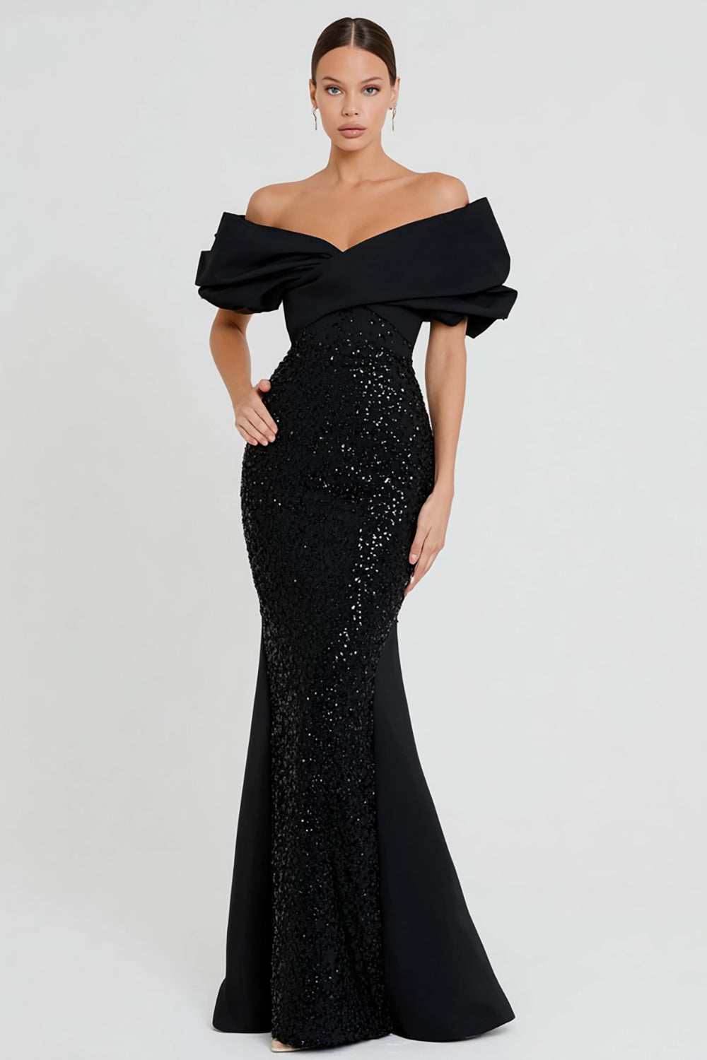 Sparkly Mermaid Off The Shoulder Maxi Black Tie Dress - Image 1