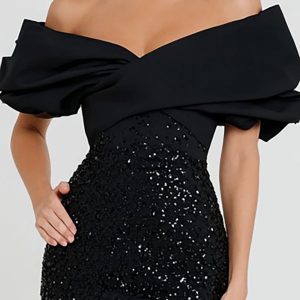 Sparkly Mermaid Off The Shoulder Maxi Black Tie Dress - Image 2