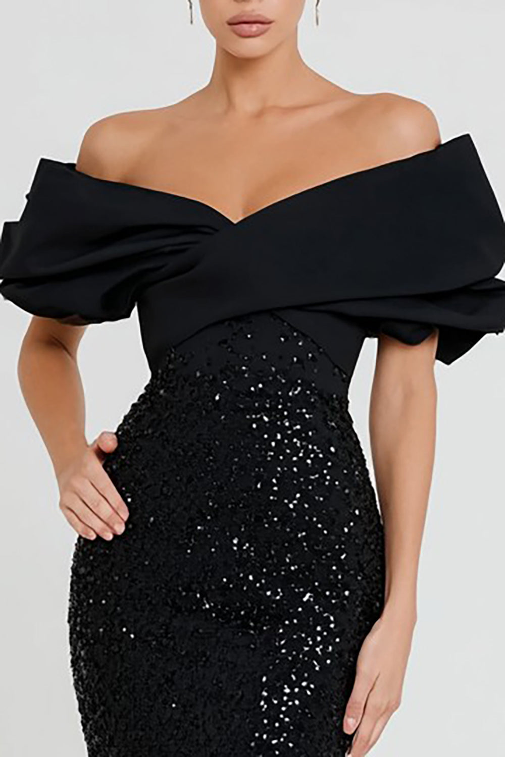 Sparkly Mermaid Off The Shoulder Maxi Black Tie Dress - Image 2