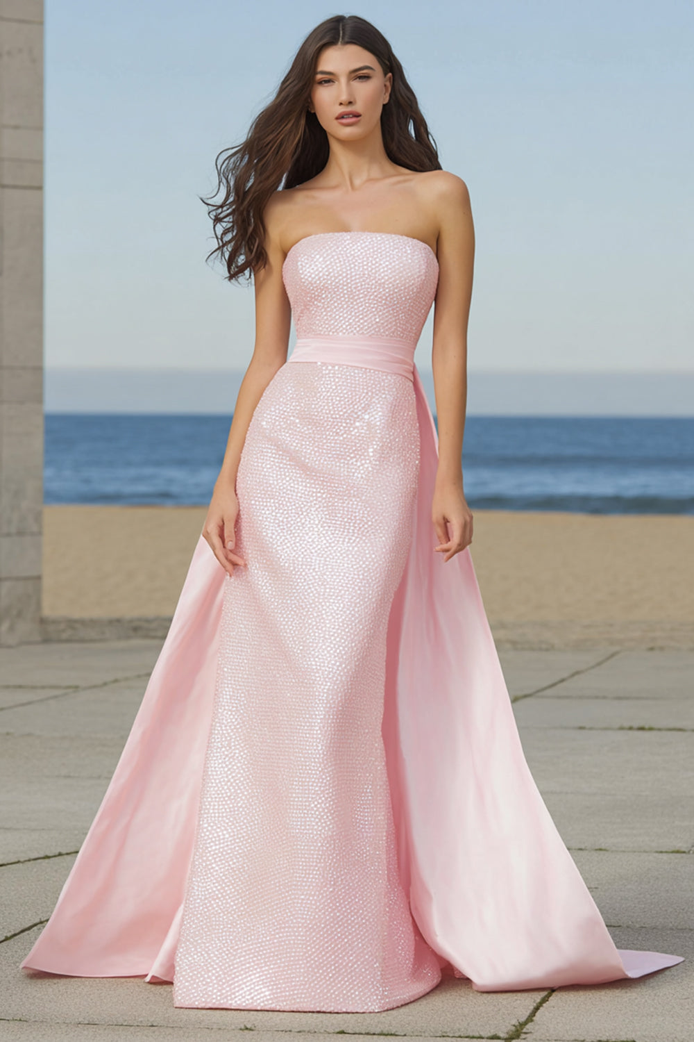 Sparkly Light Pink Strapless Maxi Prom Dress - Image 1