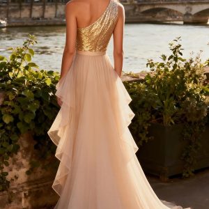 Sparkly Gold One Shoulder Mermaid Prom Dress With Ruffles - Image 2