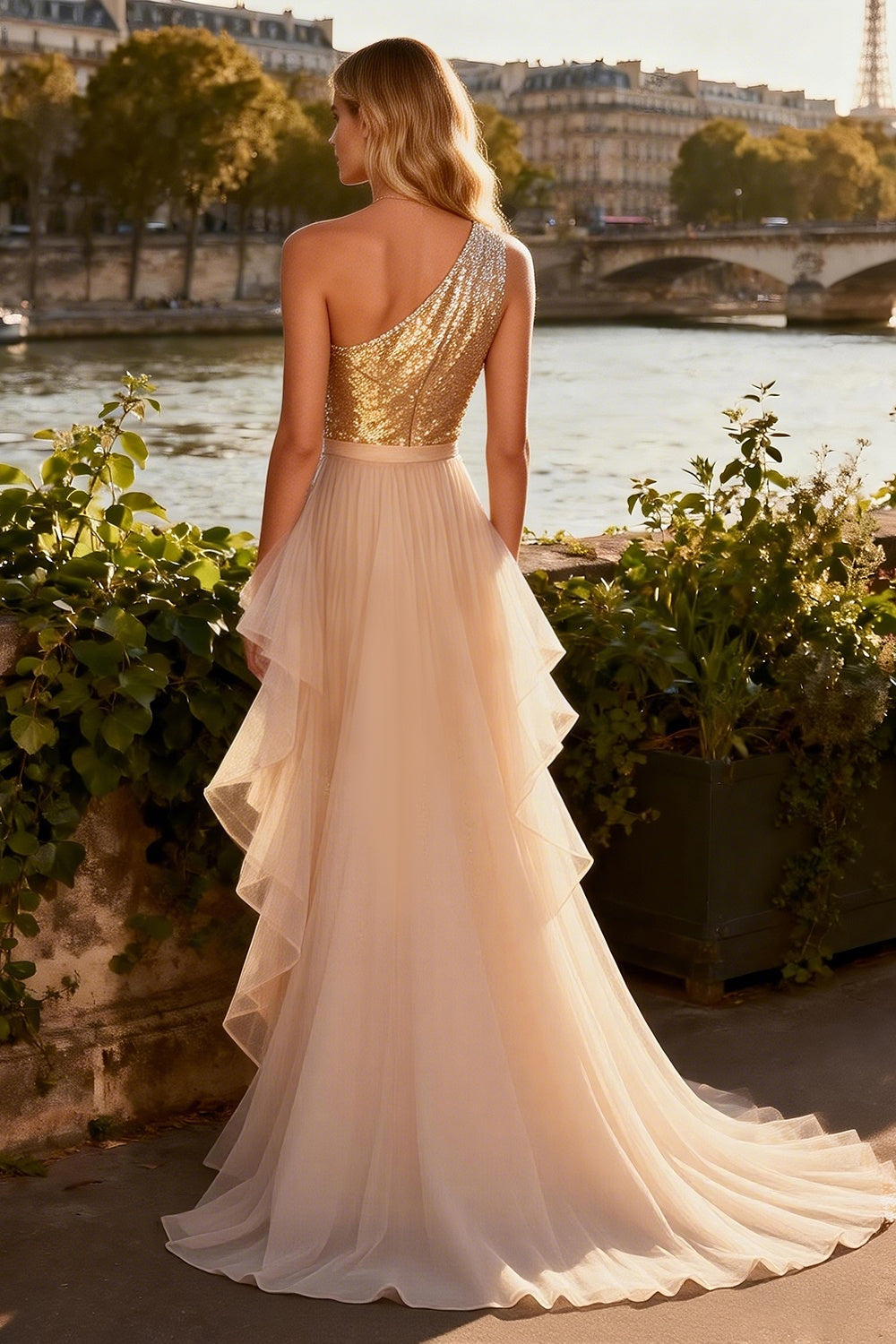 Sparkly Gold One Shoulder Mermaid Prom Dress With Ruffles - Image 2