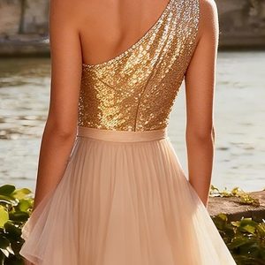 Sparkly Gold One Shoulder Mermaid Prom Dress With Ruffles - Image 4