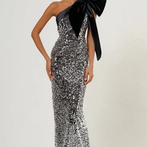 Sparkly Light Grey One Shoulder Mermaid Formal Dress With Bow - Image 1