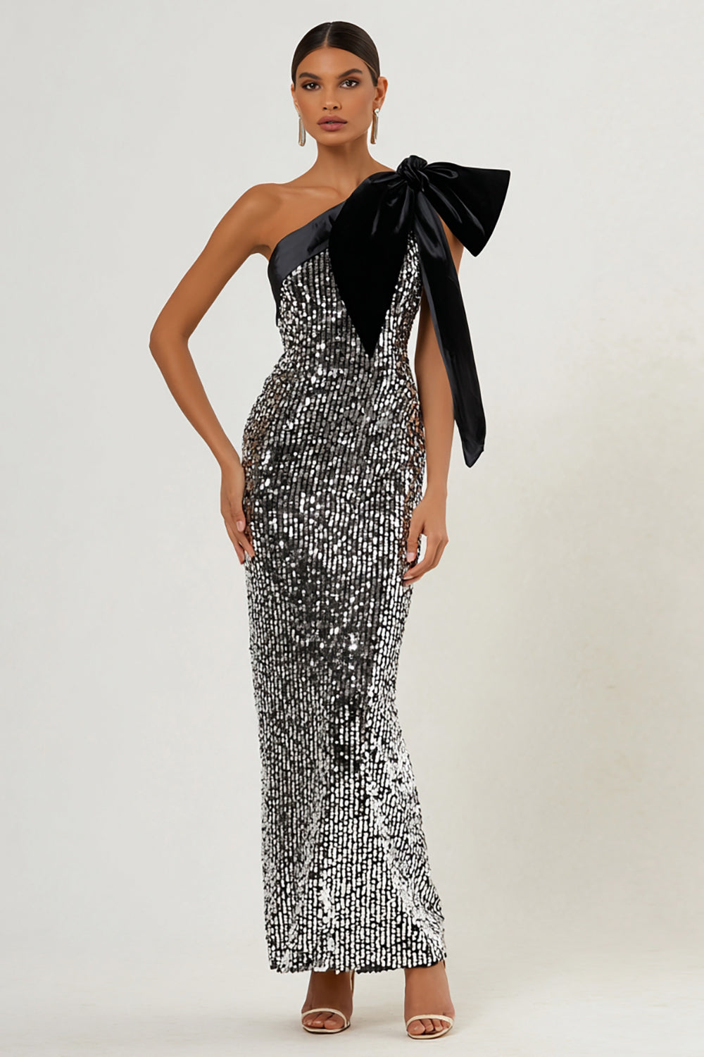 Sparkly Light Grey One Shoulder Mermaid Formal Dress With Bow - Image 1
