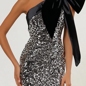 Sparkly Light Grey One Shoulder Mermaid Formal Dress With Bow - Image 2
