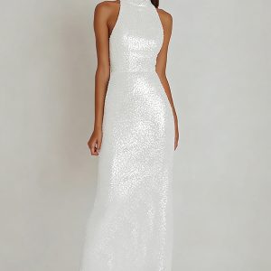 Sparkly Halter Sheath Maxi White Dress - Image 1