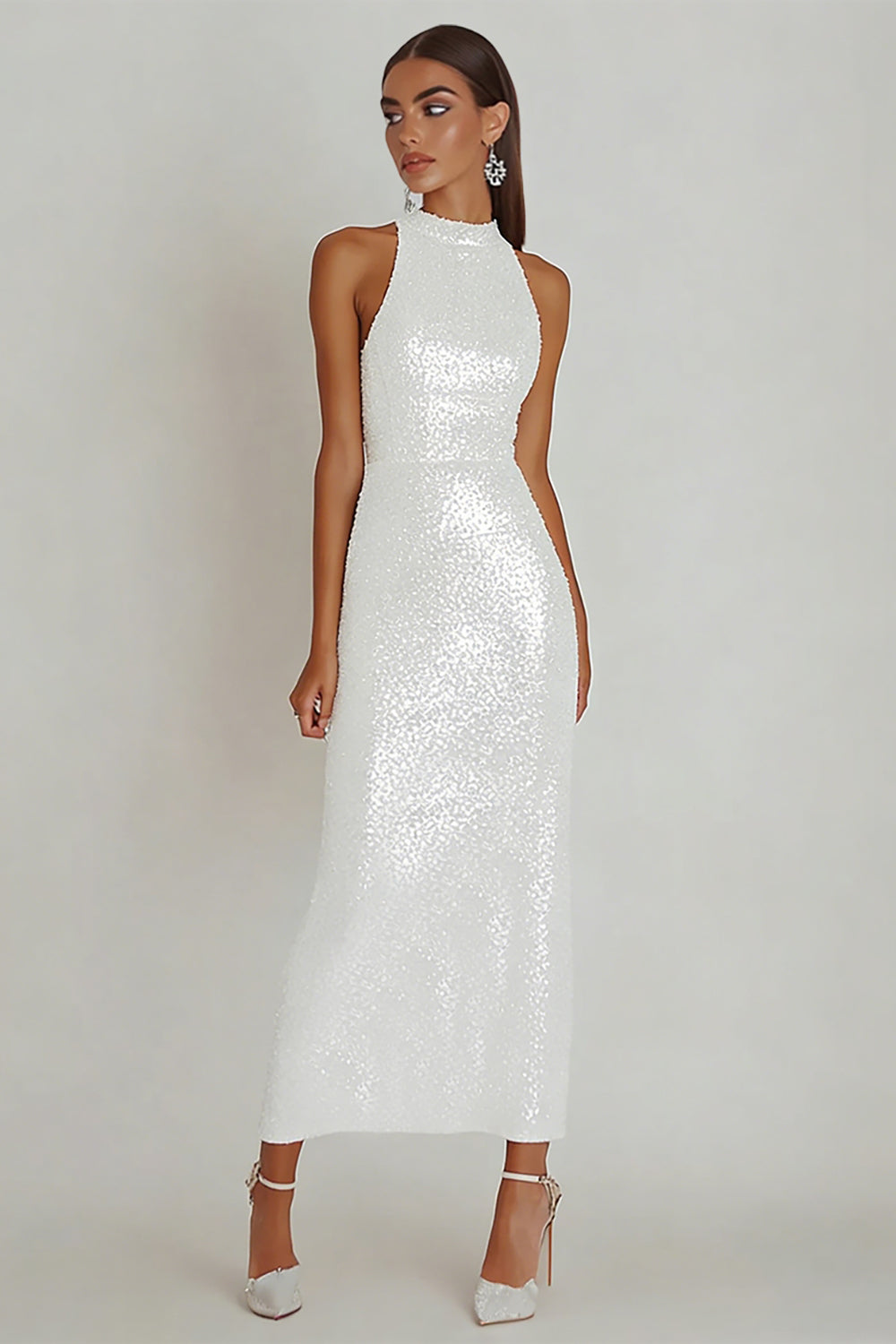 Sparkly Halter Sheath Maxi White Dress - Image 1