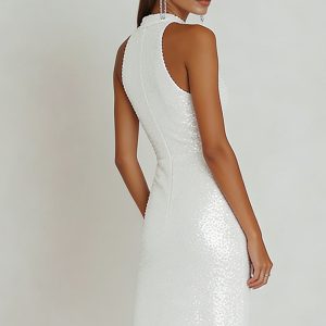 Sparkly Halter Sheath Maxi White Dress - Image 2