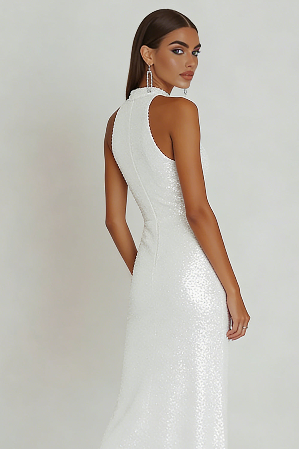 Sparkly Halter Sheath Maxi White Dress - Image 2