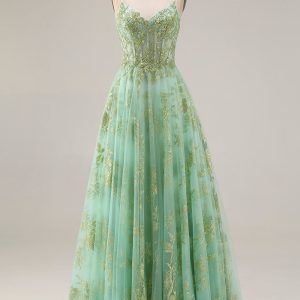 Sparkly Green Corset A Line Maxi Prom Dress - Image 1