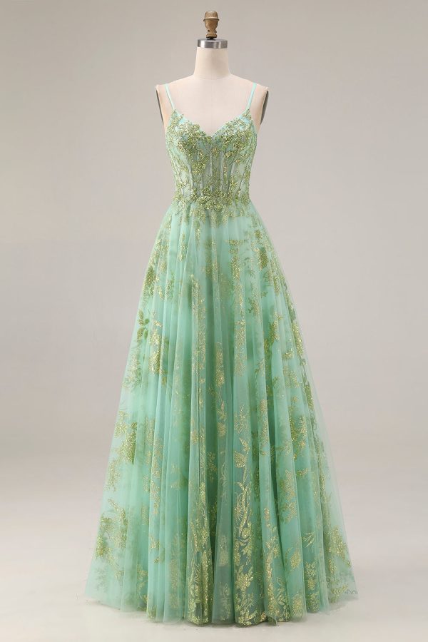 Sparkly Green Corset A Line Maxi Prom Dress