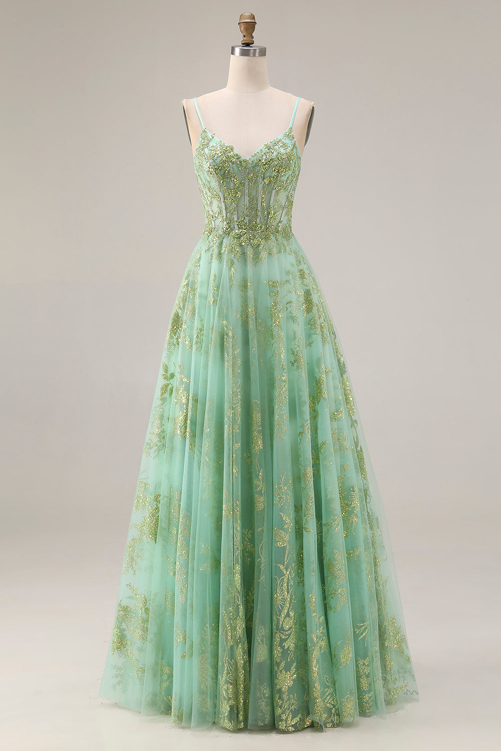 Sparkly Green Corset A Line Maxi Prom Dress - Image 1