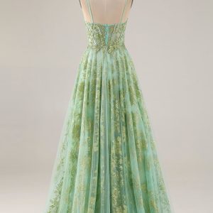 Sparkly Green Corset A Line Maxi Prom Dress - Image 2
