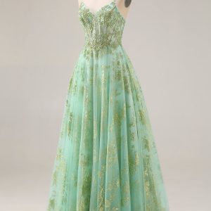 Sparkly Green Corset A Line Maxi Prom Dress - Image 3