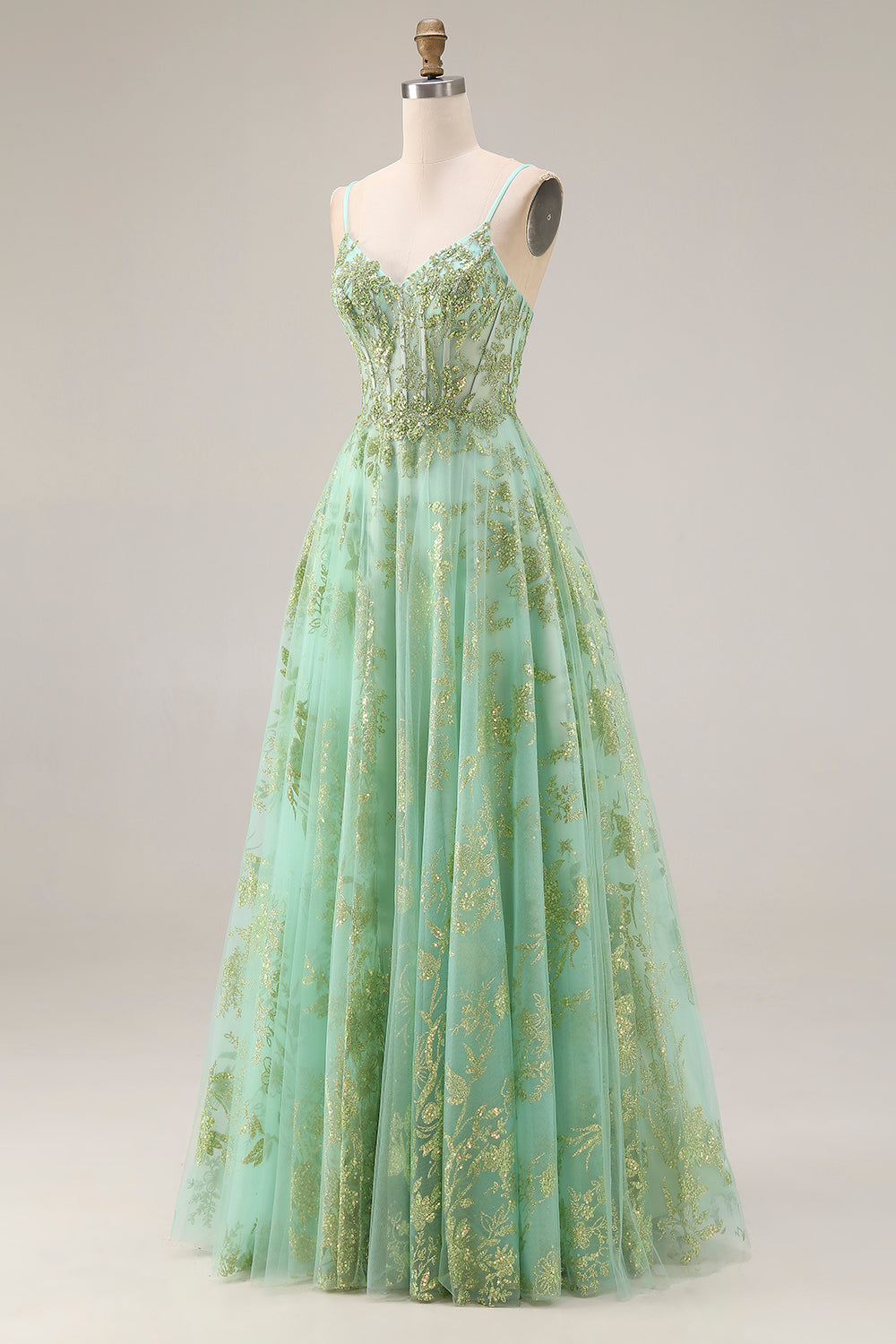 Sparkly Green Corset A Line Maxi Prom Dress - Image 3