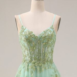 Sparkly Green Corset A Line Maxi Prom Dress - Image 4