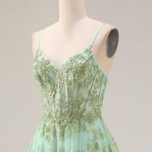 Sparkly Green Corset A Line Maxi Prom Dress - Image 6