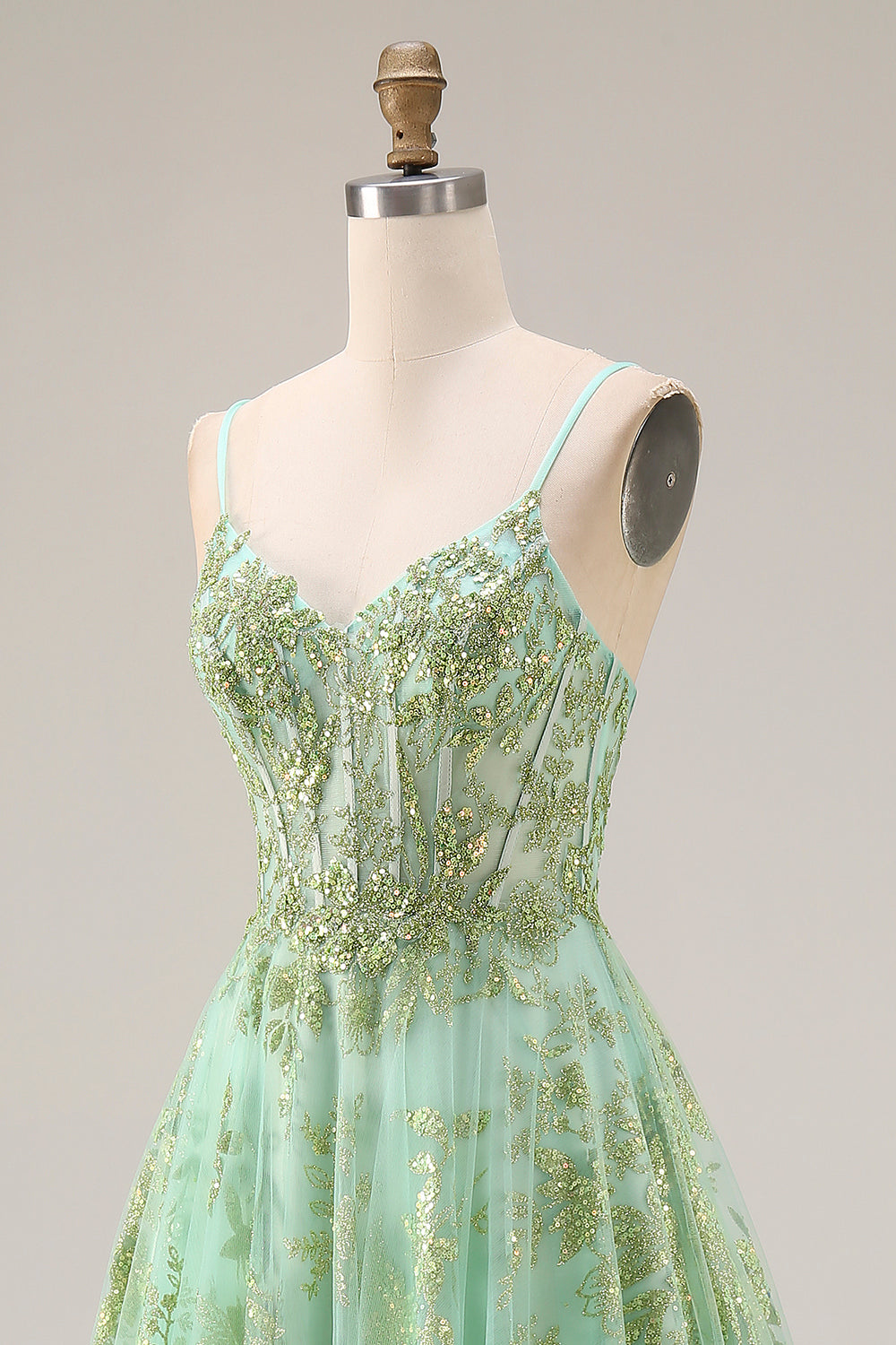 Sparkly Green Corset A Line Maxi Prom Dress - Image 6