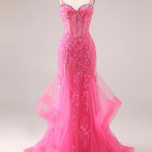 Sparkly Mermaid Corset Fuchsia Prom Dress with Ruffles - Image 1