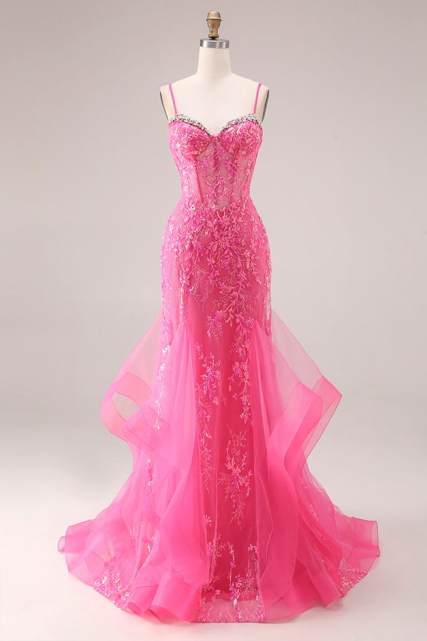 Sparkly Mermaid Corset Fuchsia Prom Dress with Ruffles