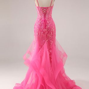 Sparkly Mermaid Corset Fuchsia Prom Dress with Ruffles - Image 2