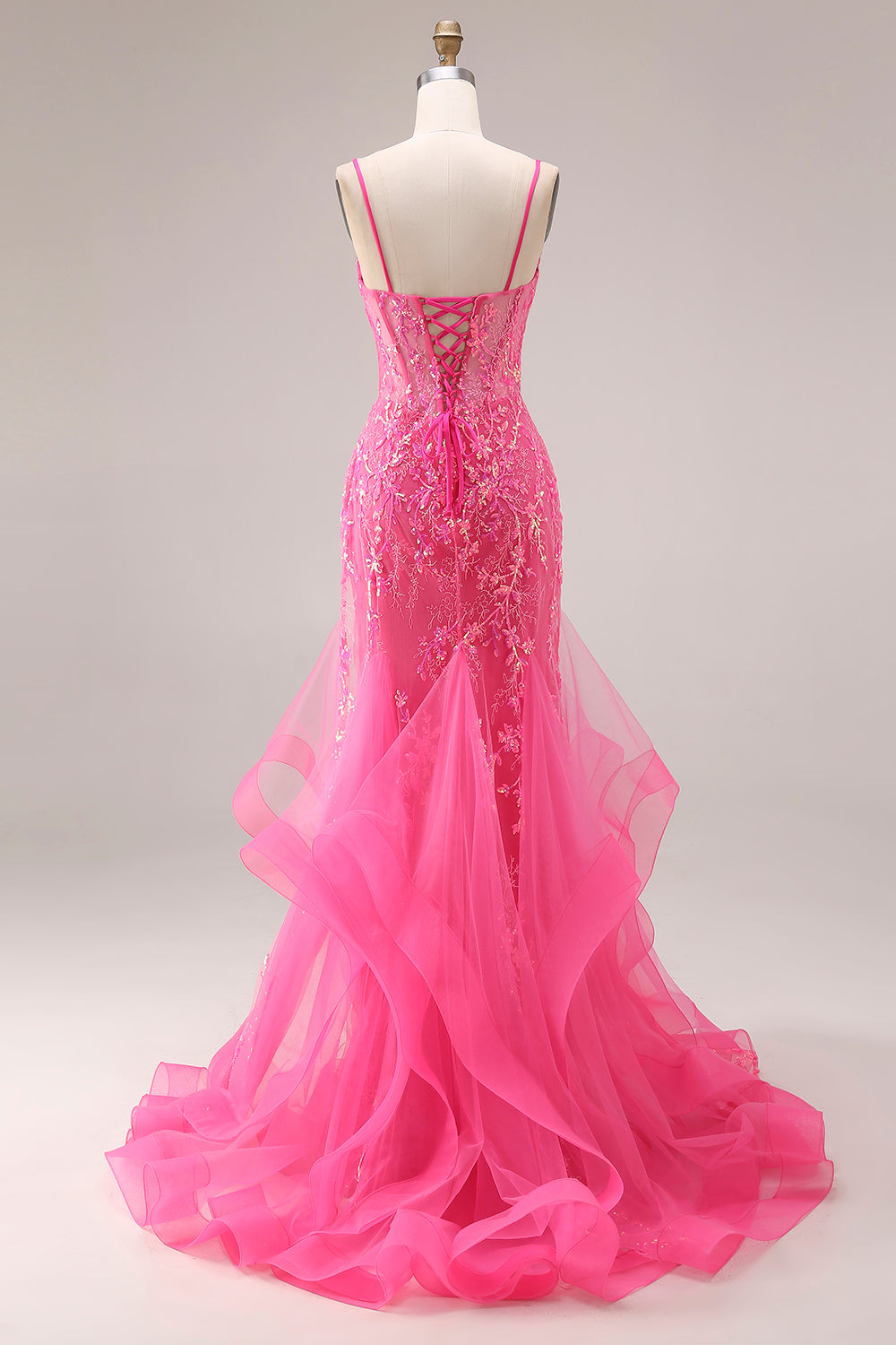Sparkly Mermaid Corset Fuchsia Prom Dress with Ruffles - Image 2