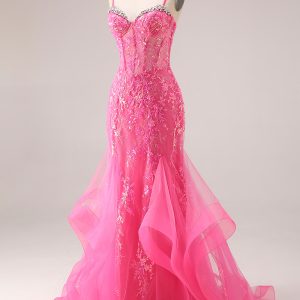 Sparkly Mermaid Corset Fuchsia Prom Dress with Ruffles - Image 3