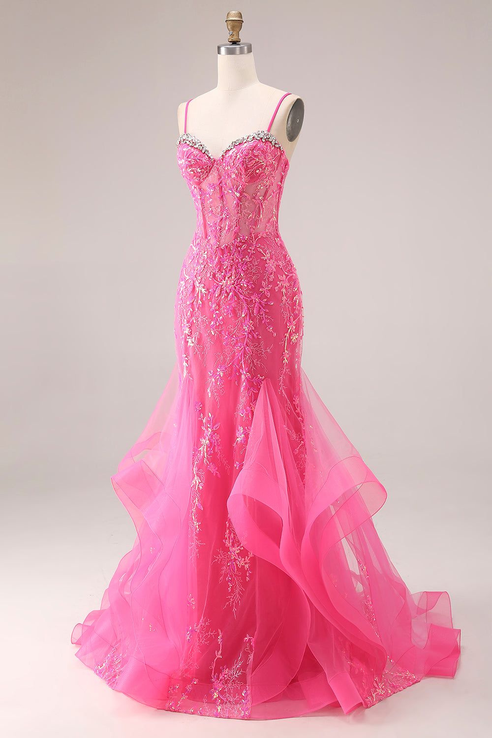 Sparkly Mermaid Corset Fuchsia Prom Dress with Ruffles - Image 3
