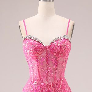 Sparkly Mermaid Corset Fuchsia Prom Dress with Ruffles - Image 4