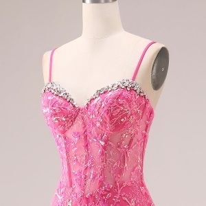 Sparkly Mermaid Corset Fuchsia Prom Dress with Ruffles - Image 6