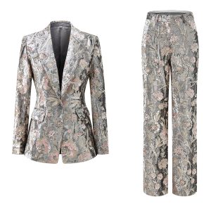Sparkly Grey 2 Piece Floral Peak Lapel Women Prom Suit - Image 1