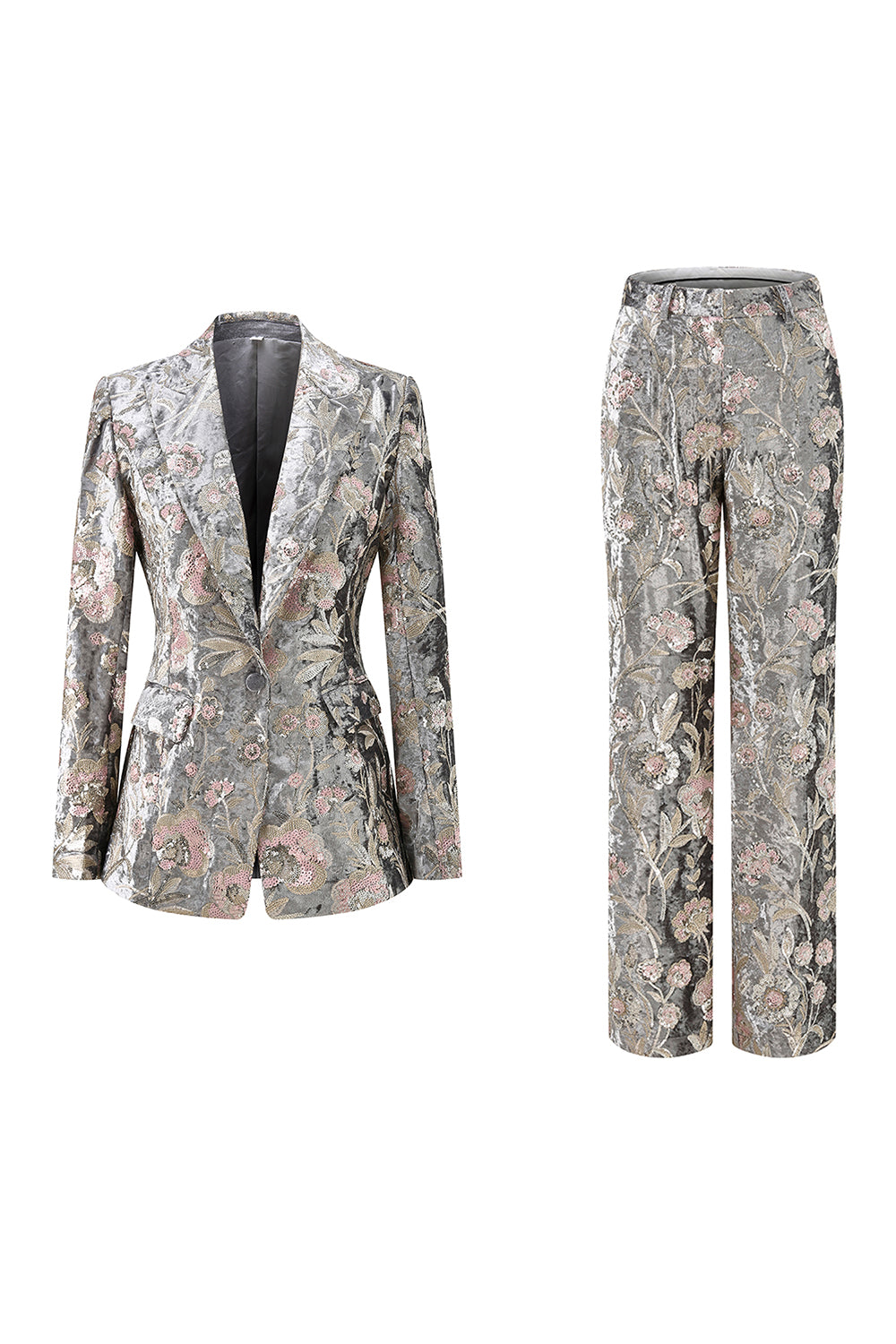 Sparkly Grey 2 Piece Floral Peak Lapel Women Prom Suit - Image 1