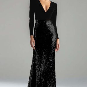 Sparkly Gold and Black Velvet Long Sleeve V-Neck Formal Dress - Image 8