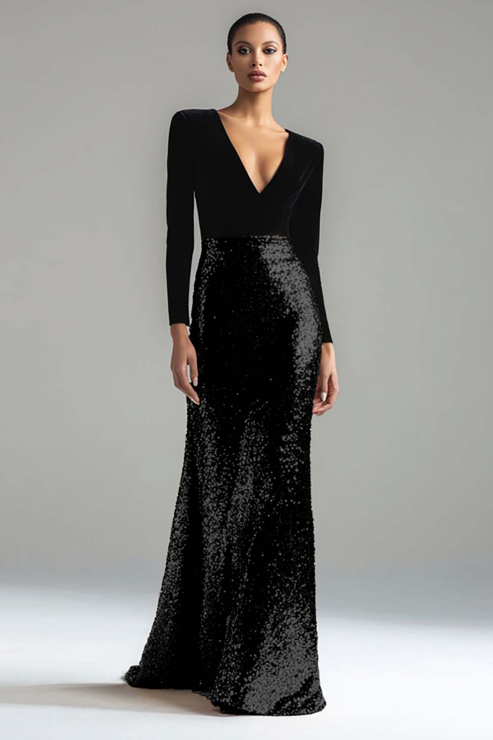 Sparkly Gold and Black Velvet Long Sleeve V-Neck Formal Dress - Image 8