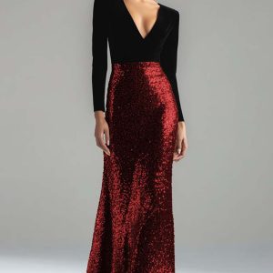 Sparkly Gold and Black Velvet Long Sleeve V-Neck Formal Dress - Image 5