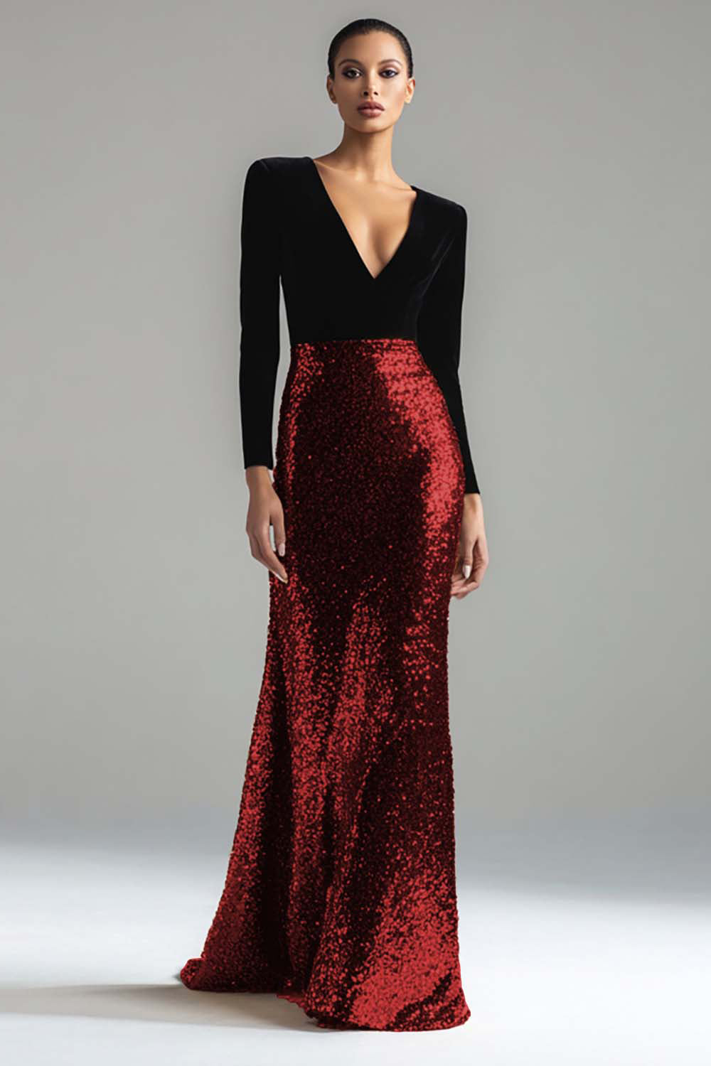 Sparkly Gold and Black Velvet Long Sleeve V-Neck Formal Dress - Image 5