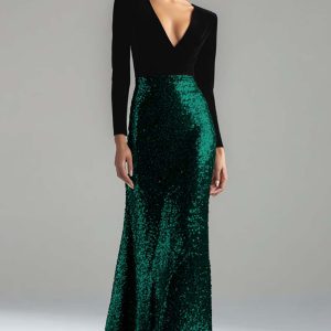 Sparkly Gold and Black Velvet Long Sleeve V-Neck Formal Dress - Image 6