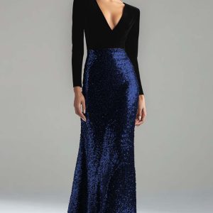 Sparkly Gold and Black Velvet Long Sleeve V-Neck Formal Dress - Image 4